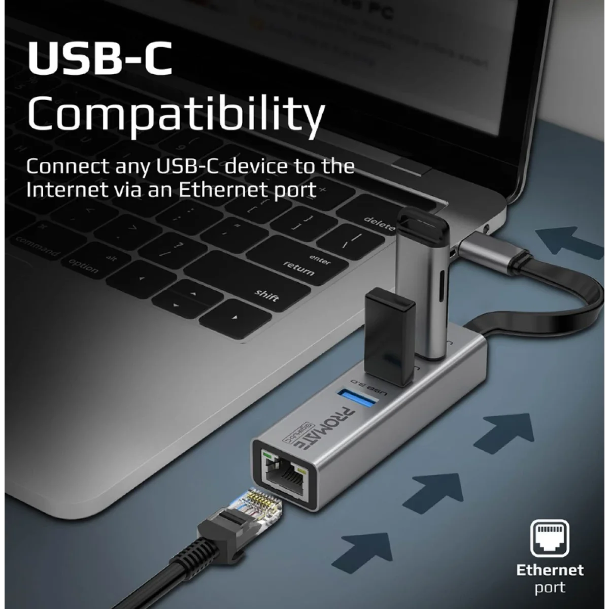 محول هب متعدد المنافذ Promate GigaHub-C USB-C مع إيثرنت 1000Mbps و3 منافذ USB 3.0 وسرعة 5Gbps - Thumbnail 2