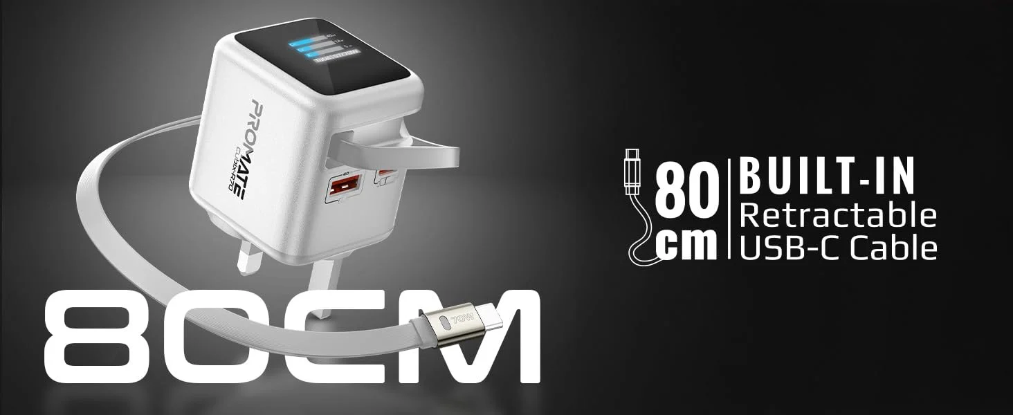 شاحن Promate Cubix-R70 GaNFast بقدرة 70 واط مع كابل USB-C قابل للسحب بطول 80 سم - Thumbnail 10