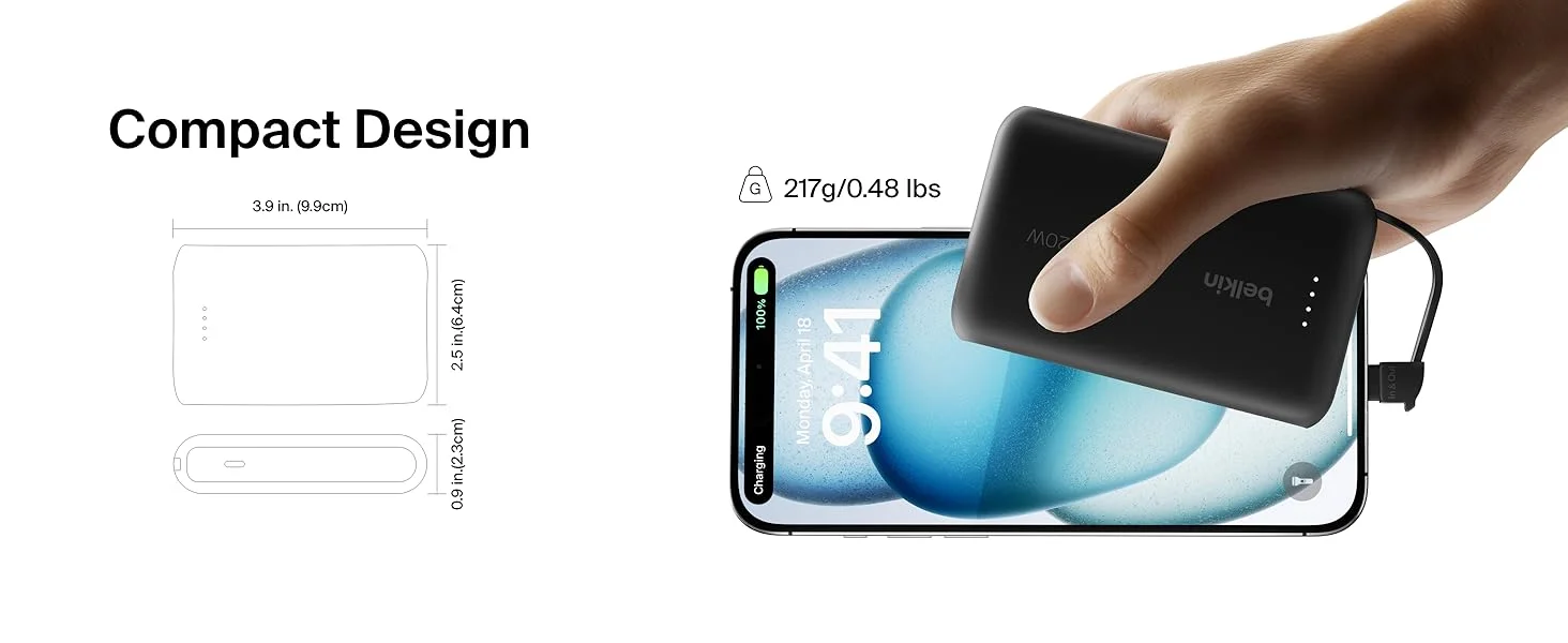 بطارية محمولة Belkin BoostCharge بسعة 10000mAh مع كابل USB-C مدمج وشحن PD بقوة 20W - أسود - Thumbnail 12