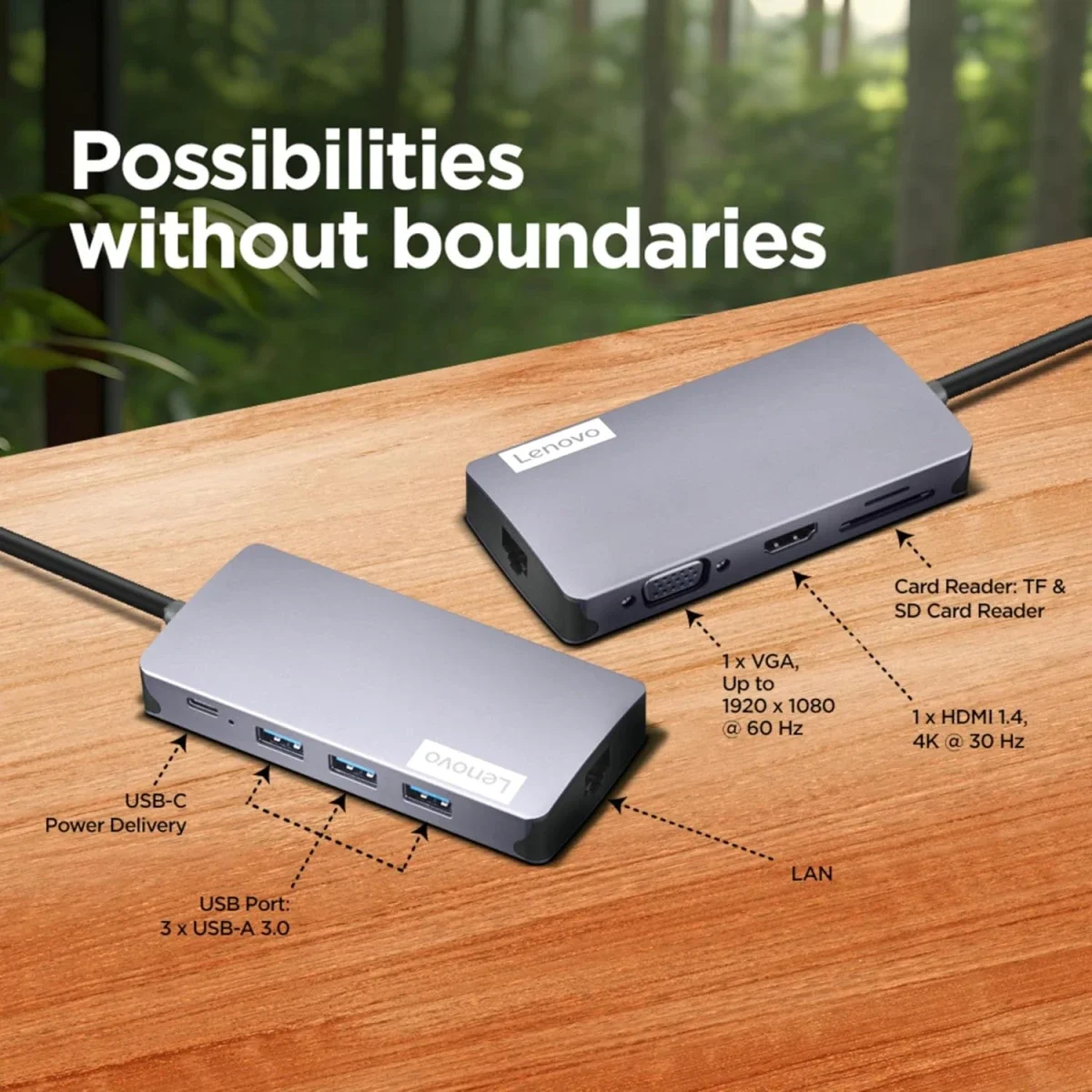 محطة إرساء Lenovo 150 USB-C Travel Dock مع شحن حتى 100W ومنفذ HDMI وVGA وRJ45 و3 منافذ USB-A 3.0 - Grey - Image 4