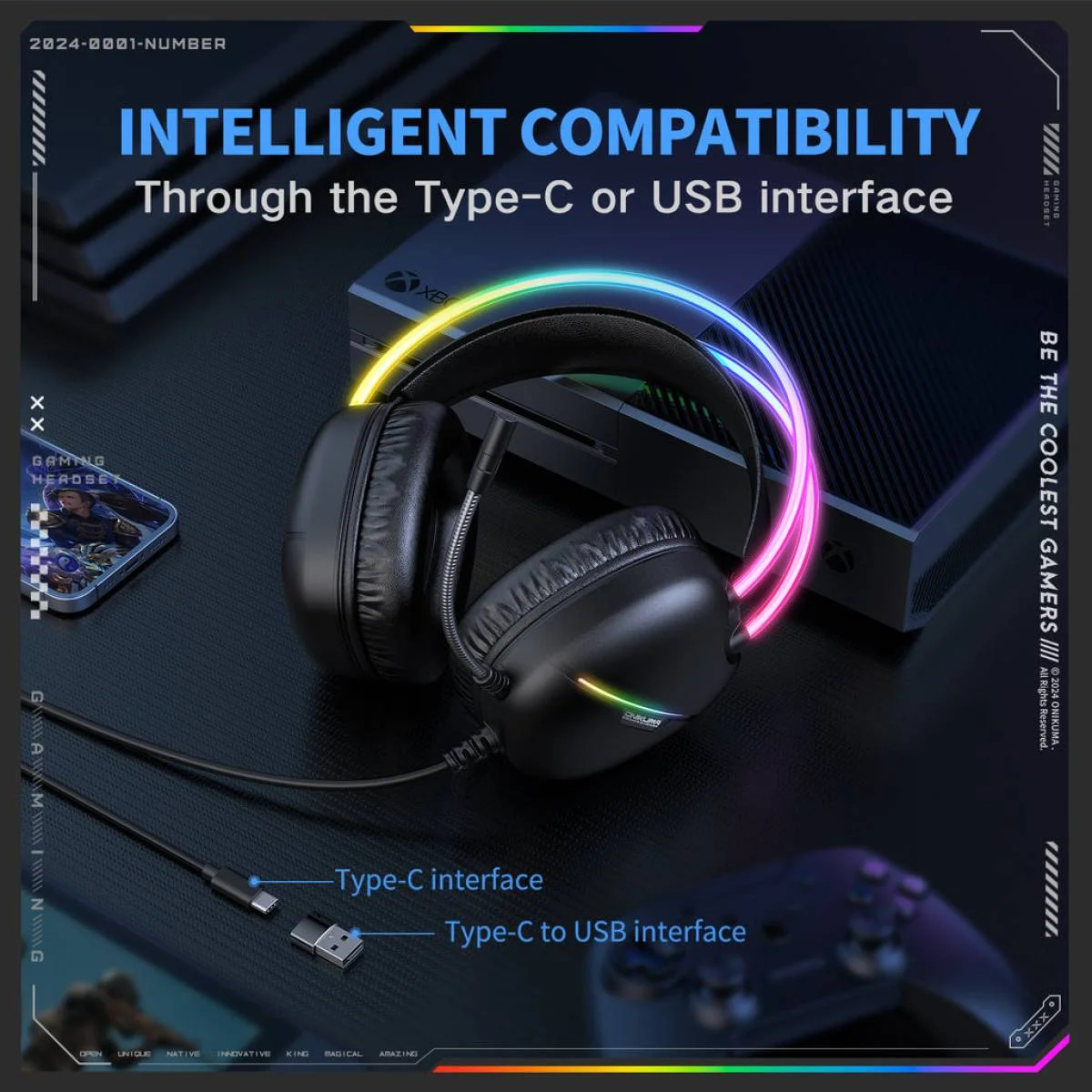 سماعة ألعاب ONIKUMA X33 سلكية USB-C مع مايك وإضاءة RGB - أسود - Image 5