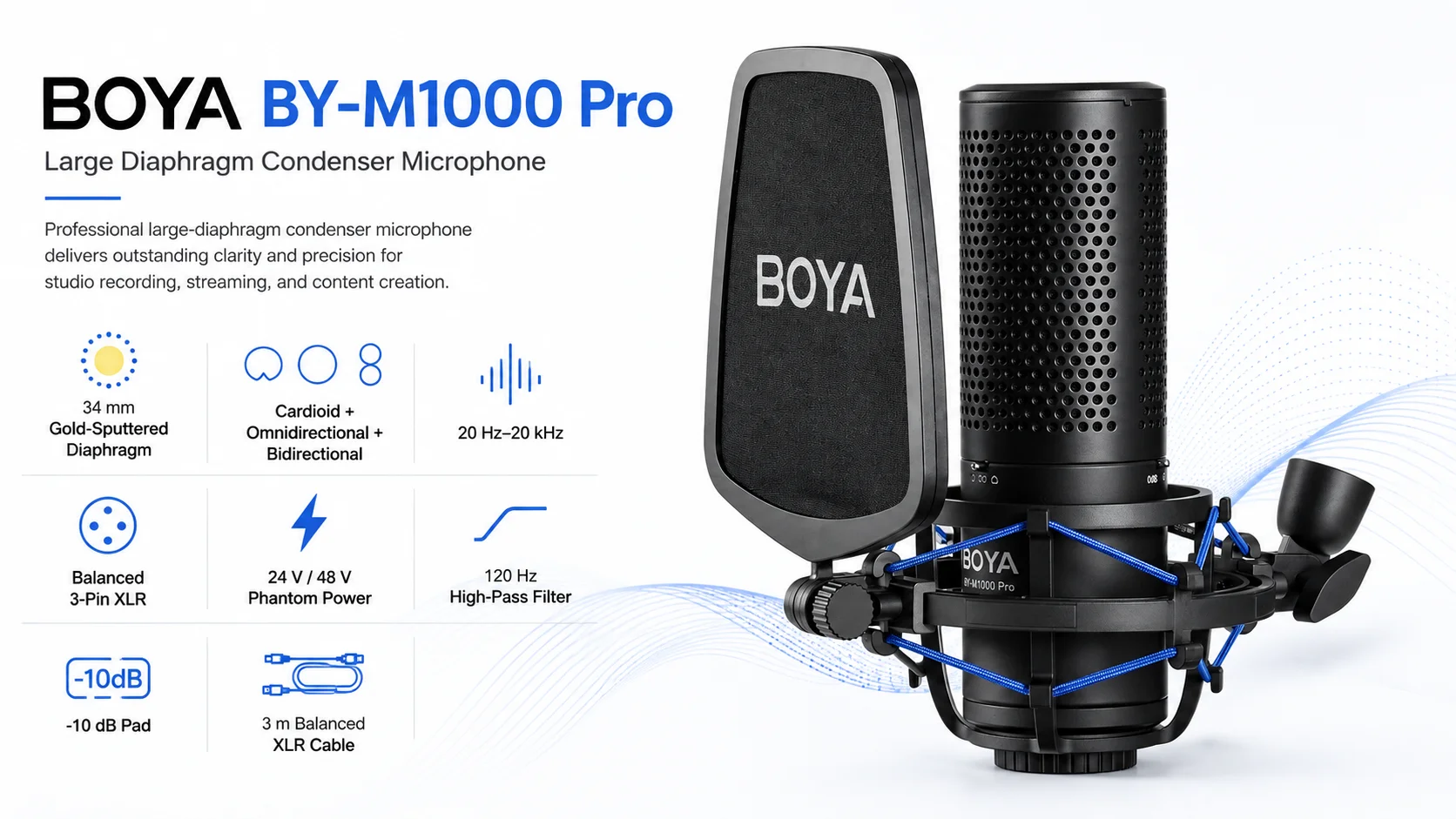ميكروفون مكثف Boya BY-M1000 Pro بغشاء كبير مع حامل صدمات وفلتر بوب - Thumbnail 7