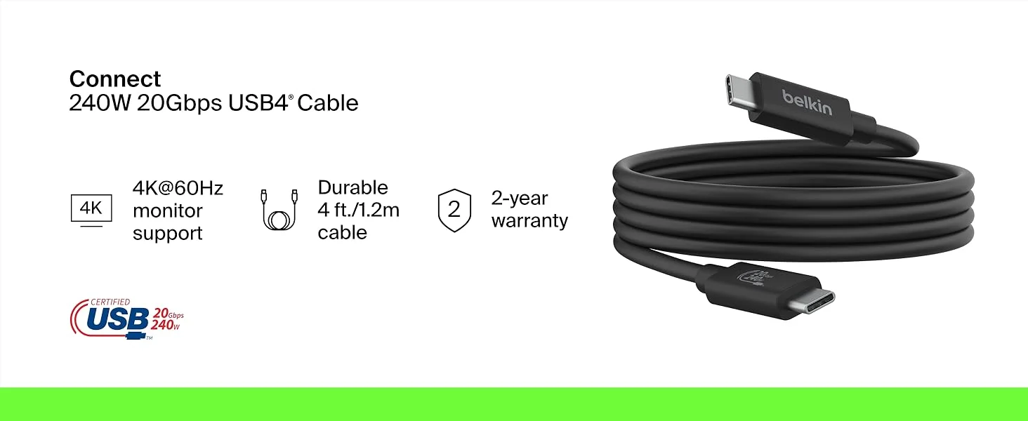 Belkin Connect USB4 USB-C to USB-C Cable 4ft/1.2M 240W 20Gbps Black - Image 7