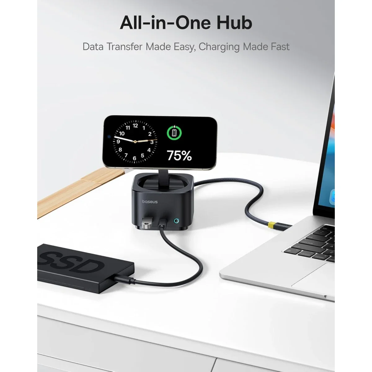 موزع USB-C Baseus MagPro Series II 7 في 1 مع شاحن لاسلكي Qi2 بقدرة 15W ومنفذ HDMI بدقة 4K@60Hz وشحن PD بقدرة 100W وسرعة 10Gbps وقارئ بطاقات SD - أسود - Image 3