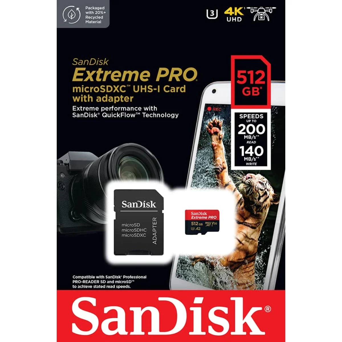 SanDisk Extreme Pro 512GB microSDXC UHS-I V30 Memory Card 200MB/s Read 140MB/s Write