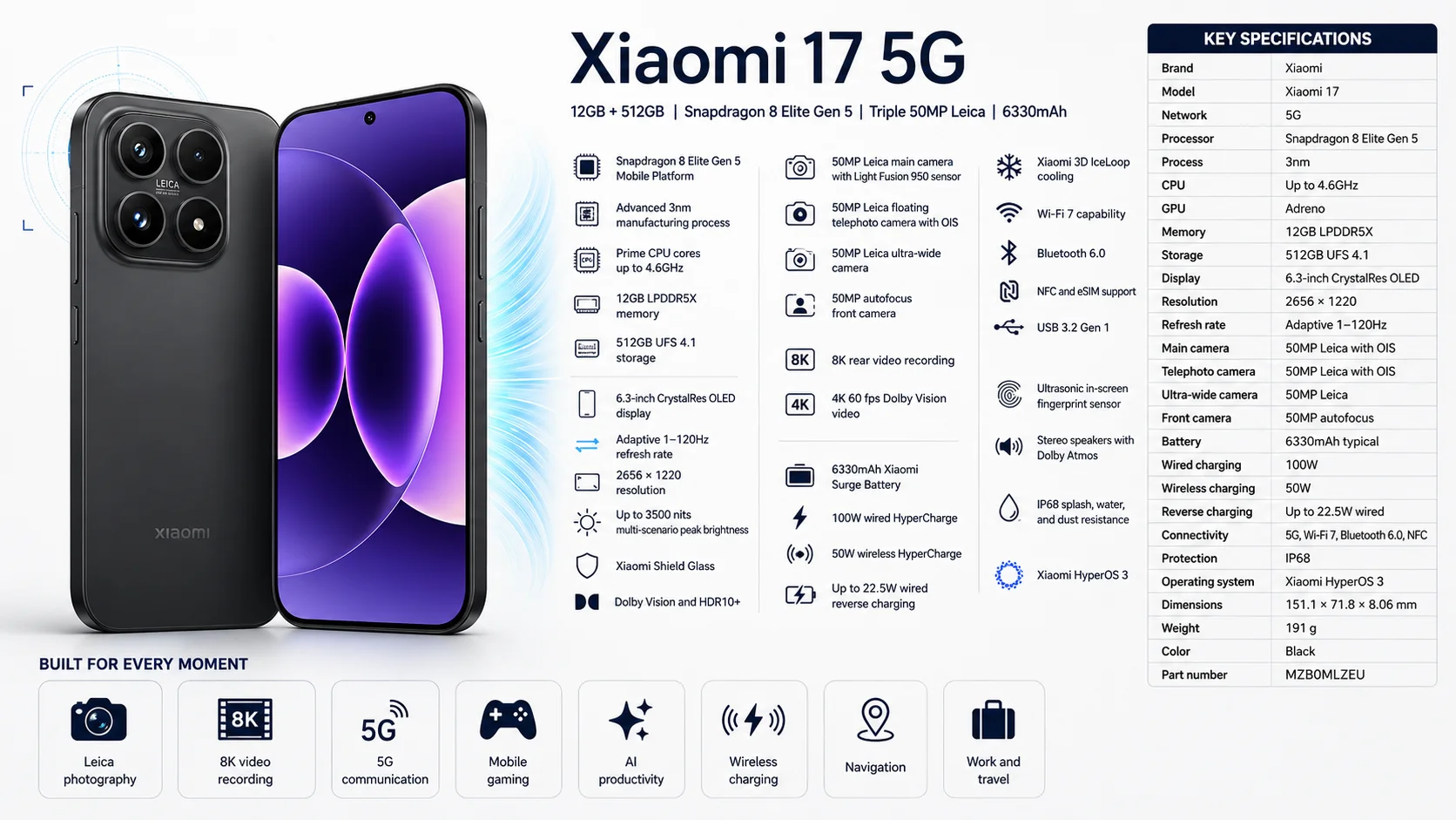 Xiaomi 17 5G 6.3-Inch 120Hz CrystalRes OLED Smartphone, 12GB RAM, 512GB, Black - Thumbnail 18