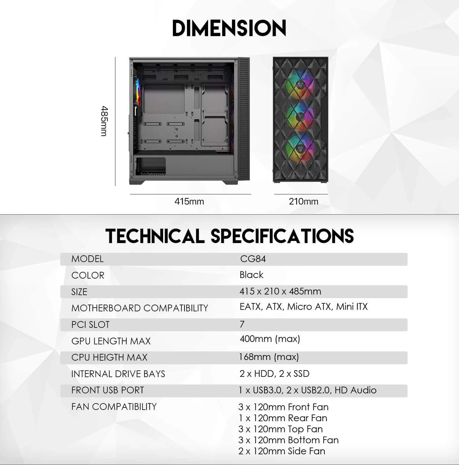 صندوق كمبيوتر Fantech RHOMBUS XL CG84 ميد تاور مع 4 مراوح ARGB - أسود - Thumbnail 10