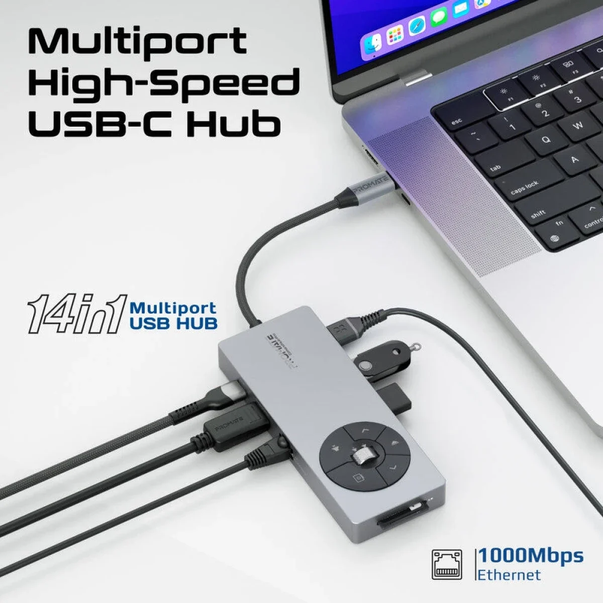 موزع USB-C متعدد المنافذ Promate Comandhub-Pro 14 في 1 مع 100W PD وHDMI بدقة 4K 60Hz وإيثرنت 1Gbps، رمادي - Image 2