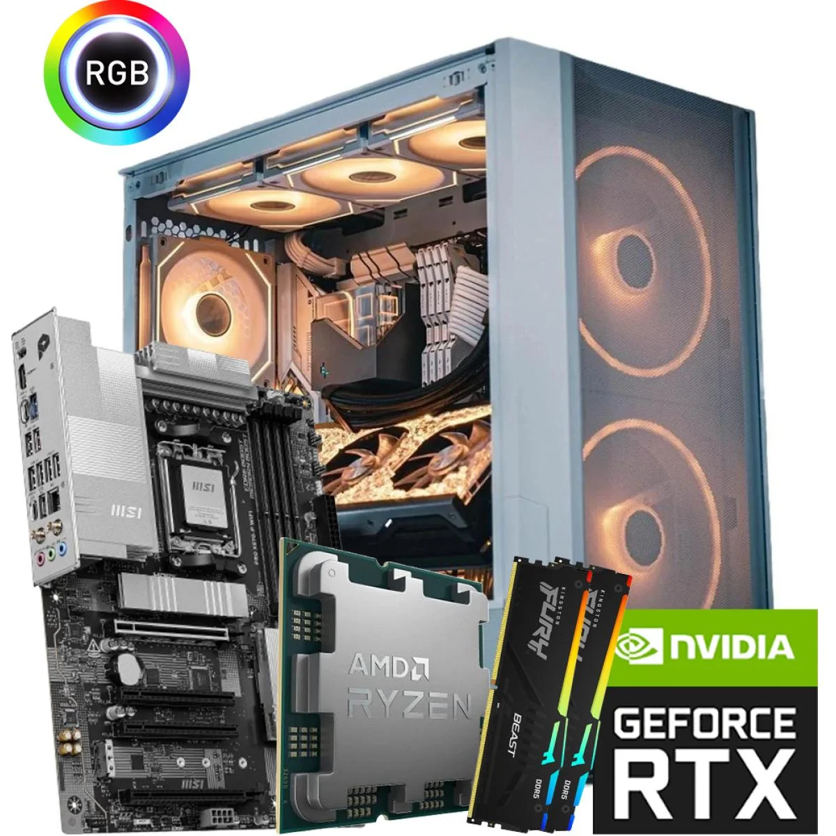 كمبيوتر ألعاب AMD بمعالج Ryzen 9 9950X3D وكرت RTX 5090 32GB ورام 64GB وSSD 1TB