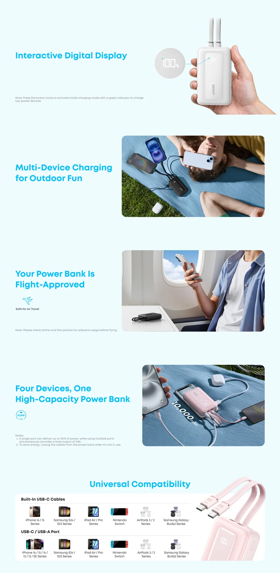 باور بانك Anker A1680 Zolo بسعة 10000mAh وقدرة 35W مع كيبلين USB-C مدمجين - أسود - Thumbnail 10