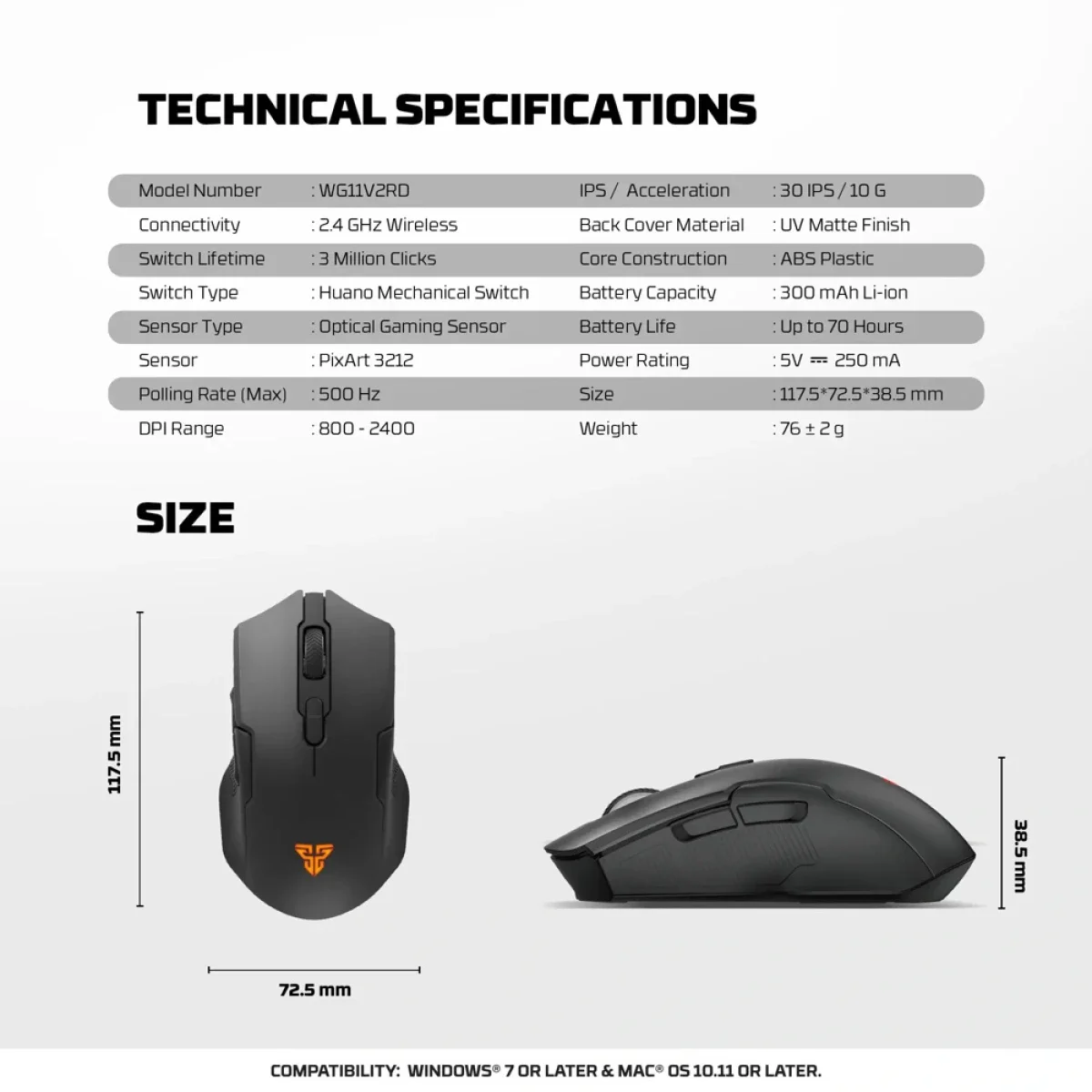 ماوس ألعاب لاسلكي Fantech بدقة 2400 DPI مع قاعدة شحن أسود Cruiser II WG11V2RD - Image 7