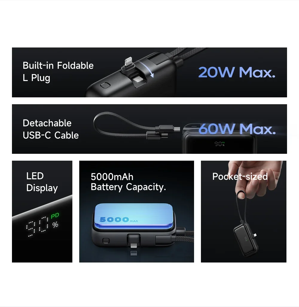 باور بانك Mcdodo MC-7800 MDD Free Kit بسعة 5000mAh وشحن 20W مع قابس iPhone وشاشة رقمية - أسود - Thumbnail 14