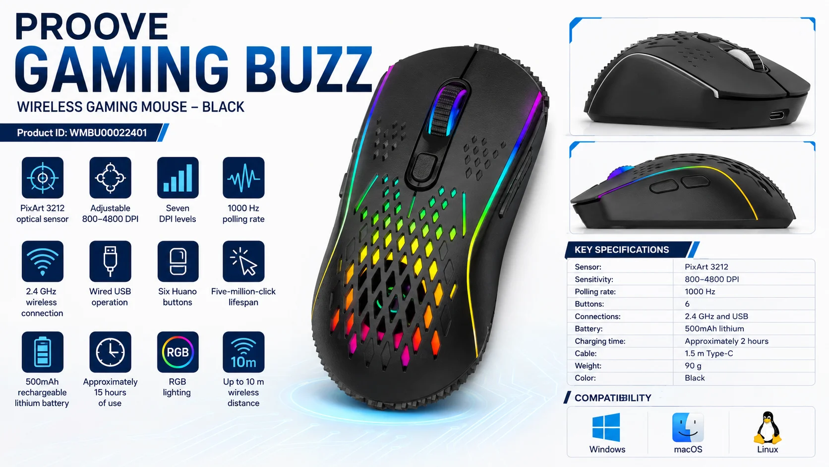 ماوس ألعاب لاسلكي Proove Gaming Buzz ثنائي الوضع 4800 DPI أسود WMBU00022401 - Thumbnail 11