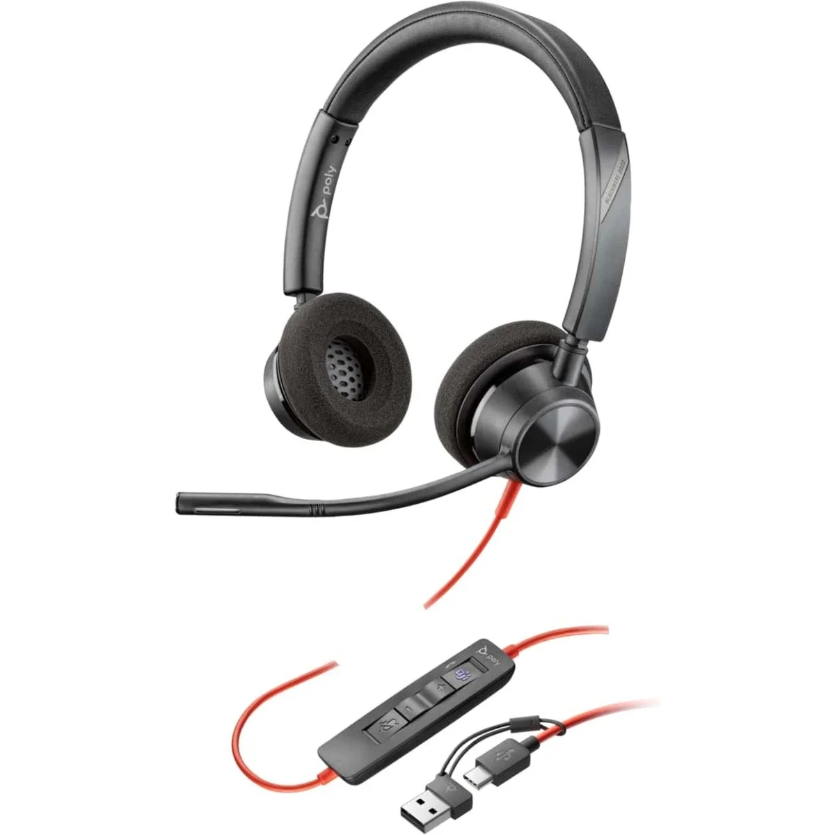 سماعة رأس Poly Blackwire 3320 سلكية مزدوجة الأذن USB-C مع ميكروفون بوم عازل للضوضاء