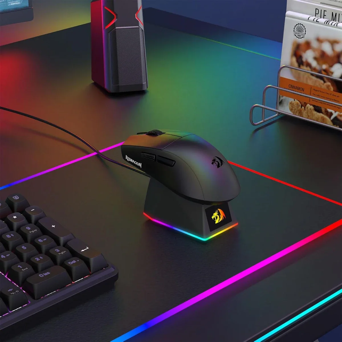 ماوس ألعاب Redragon K1NG M999 لاسلكي فائق الخفة ثلاثي الاتصال مع قاعدة شحن RGB، أسود، 45000 DPI - Thumbnail 5