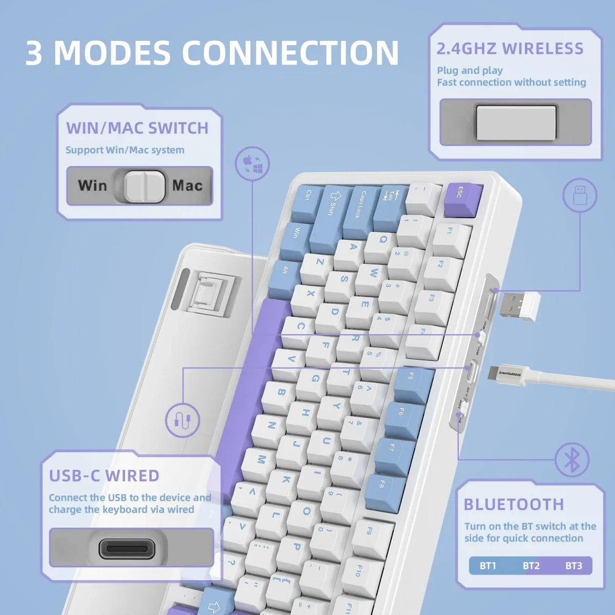 كيبورد ميكانيكي ATTACK SHARK X85 بنسبة 75% ثلاثي الاتصال أبيض وبنفسجي مع سويتش White Jade - Image 4