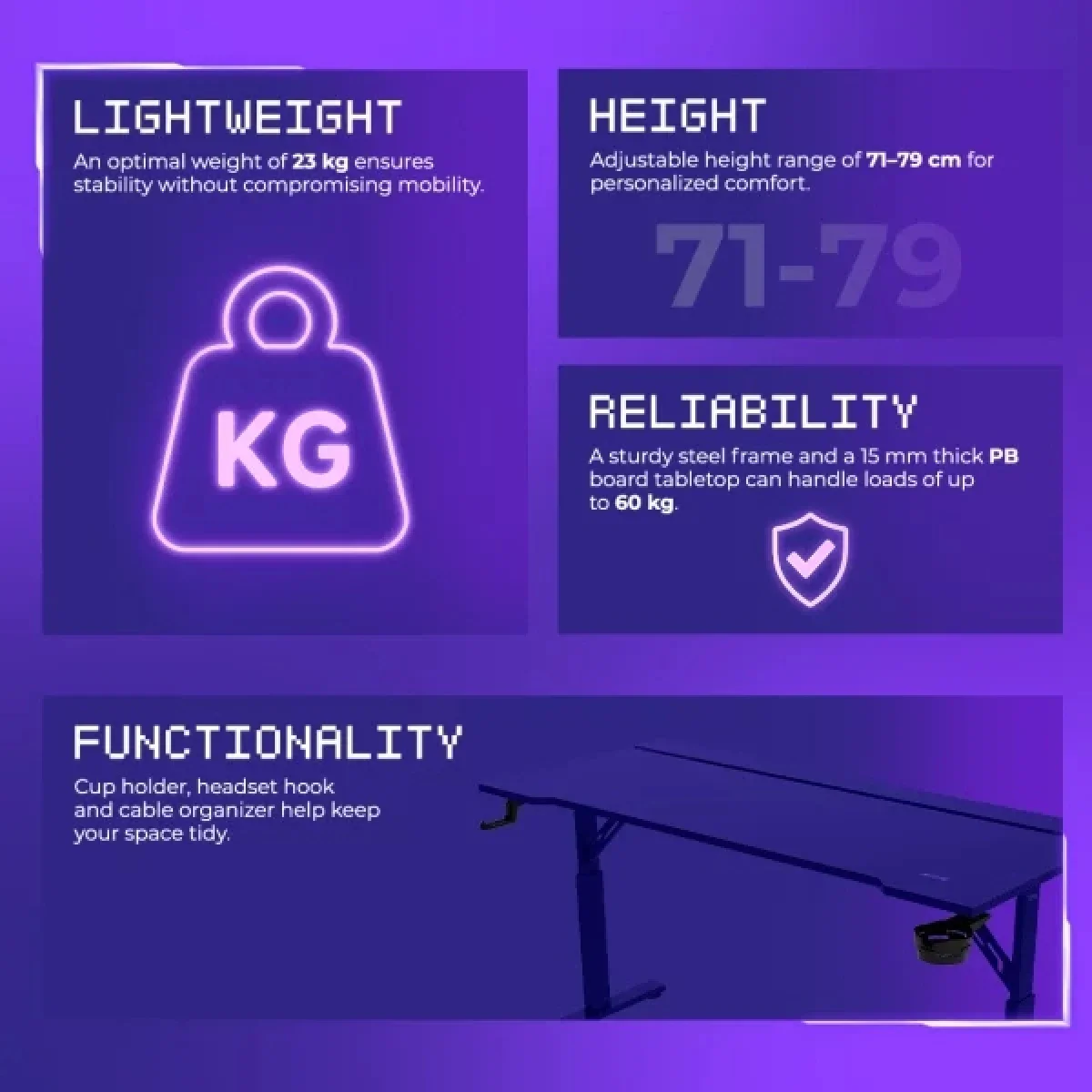 Proove Gaming Glitch RGB Adjustable Gaming Desk 140 cm Black GTGL00140101 - Image 10