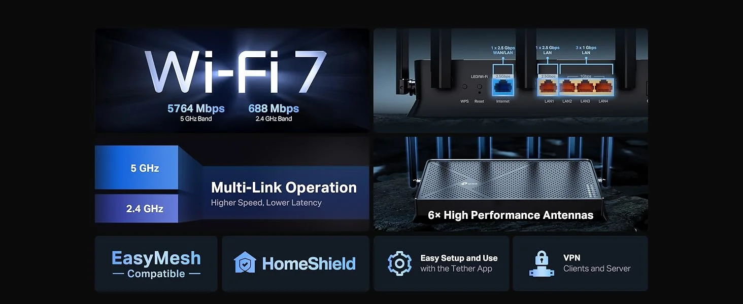 راوتر TP-LINK Archer BE400 Wi‑Fi 7 ثنائي النطاق BE6500 مع منفذي 2.5 جيجابت وUSB 3.0 - Thumbnail 11