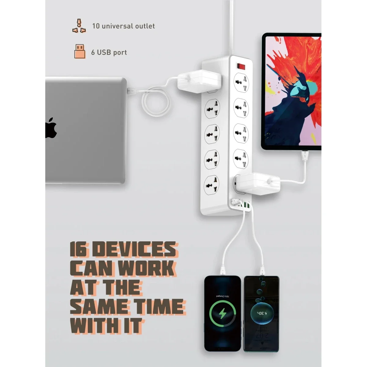 مشترك كهرباء ذكي LDNIO SC10610 بـ10 منافذ وشحن سريع PD 20W وكابل 2 متر - Image 3