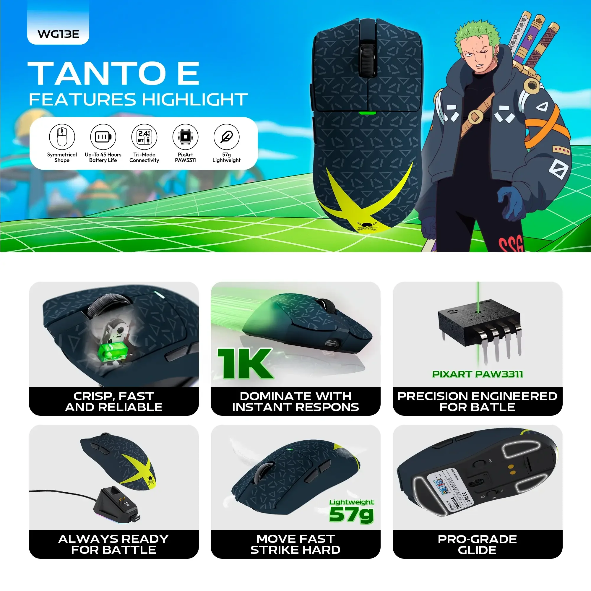 ماوس ألعاب Fantech TANTO E WG13E إصدار One Piece Roronoa Zoro Egghead ثلاثي الوضع لاسلكي - Thumbnail 6