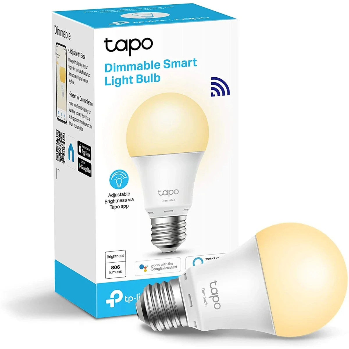 لمبه ذكيه Wi‑Fi TP-LINK Tapo L510E بقوه اضاءه 800 لومن ومكافئه 60W و2700K قابله للتعتيم بلون ابيض دافئ ناعم