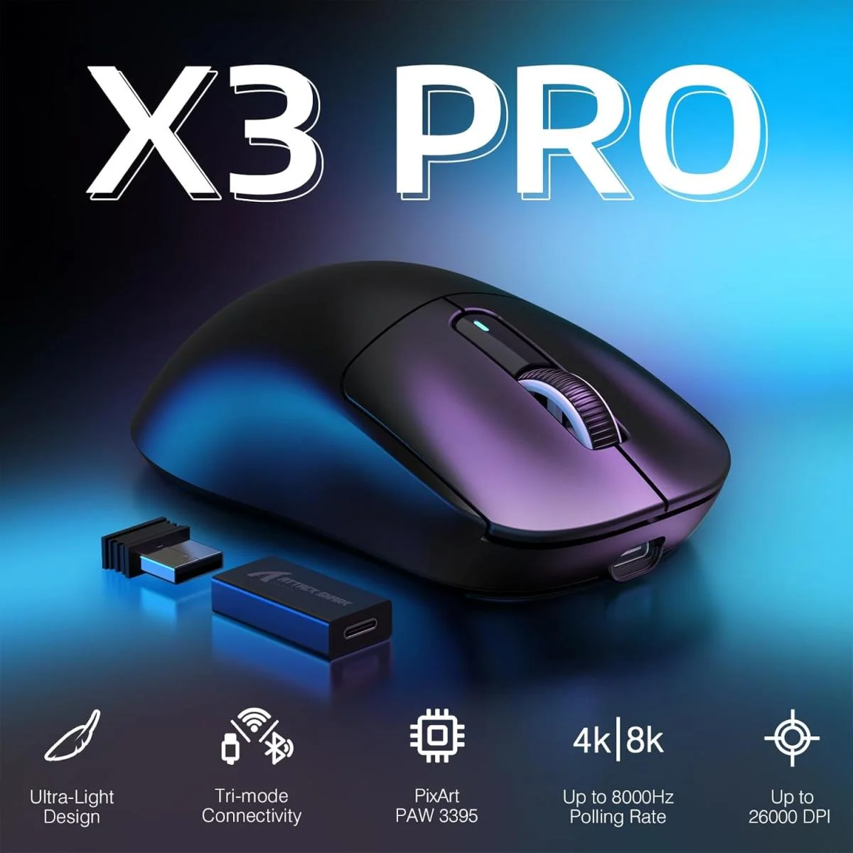 ATTACK SHARK X3PRO 4K/8K Tri-Mode Wireless Gaming Mouse, 26K DPI, 7 Buttons - Image 3