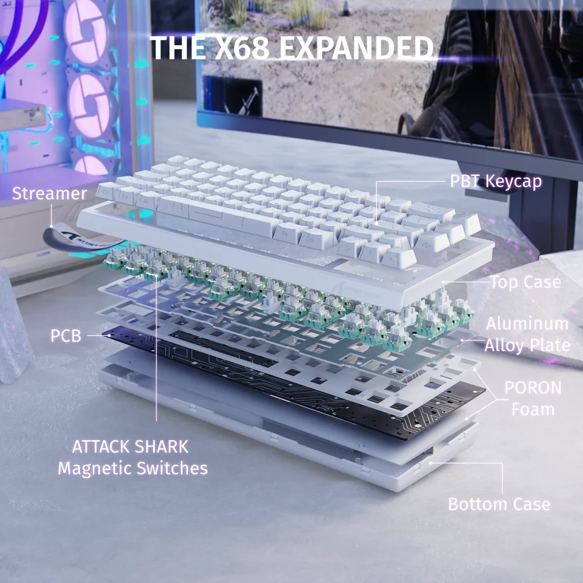 كيبورد ألعاب ATTACK SHARK X68 HE مغناطيسي سلكي 65% White Contours - Image 10