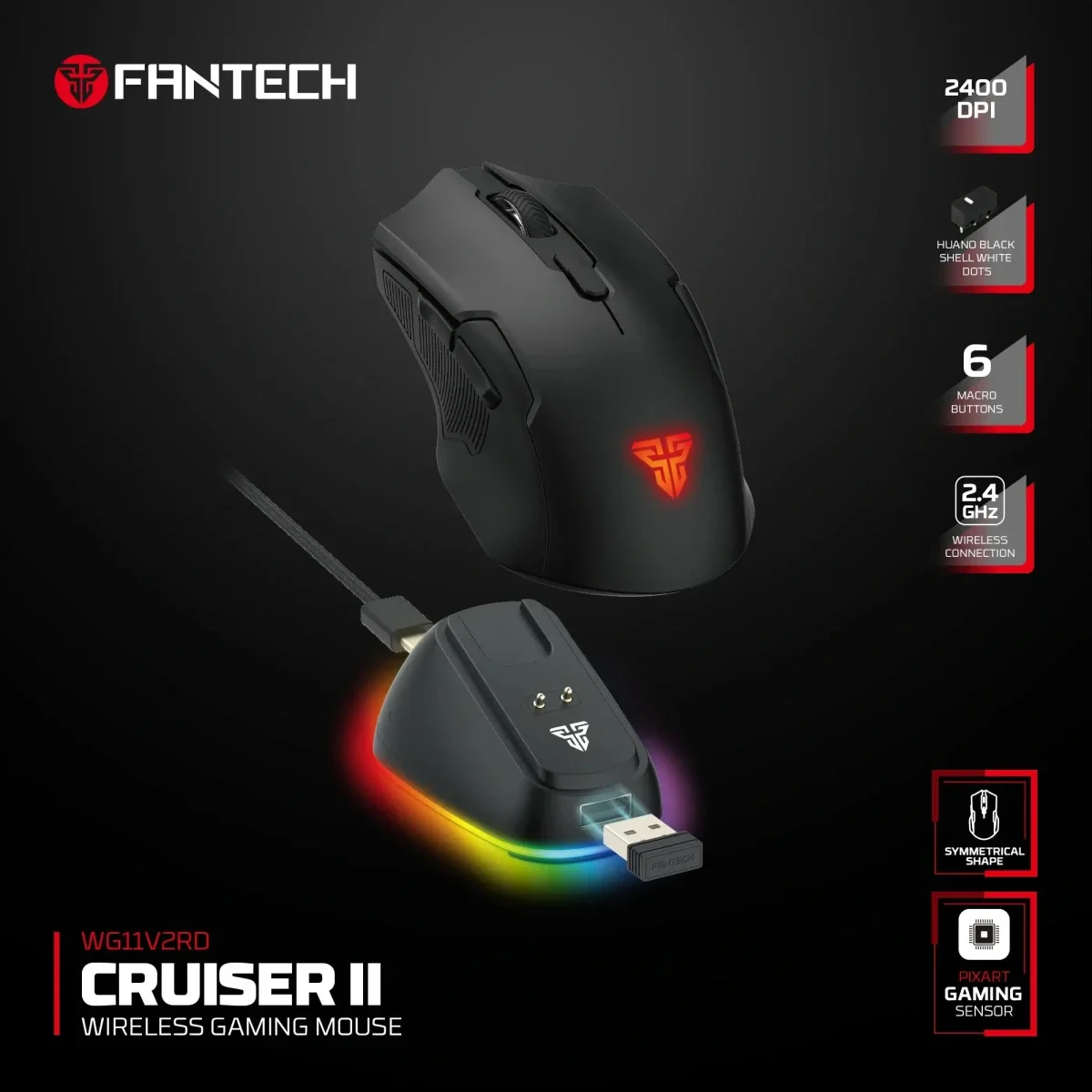 ماوس ألعاب لاسلكي Fantech بدقة 2400 DPI مع قاعدة شحن أسود Cruiser II WG11V2RD - Image 4