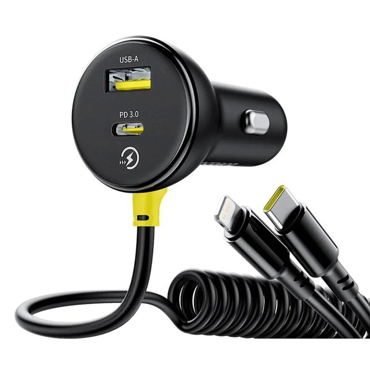 Baseus Circular 60W Car Charger with USB-C & Lightning Cables, USB-A & USB-C, Black