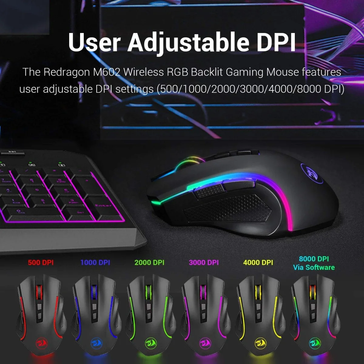 Redragon M602 Griffin Tri-Mode Wireless RGB Gaming Mouse, 8000 DPI - Thumbnail 4