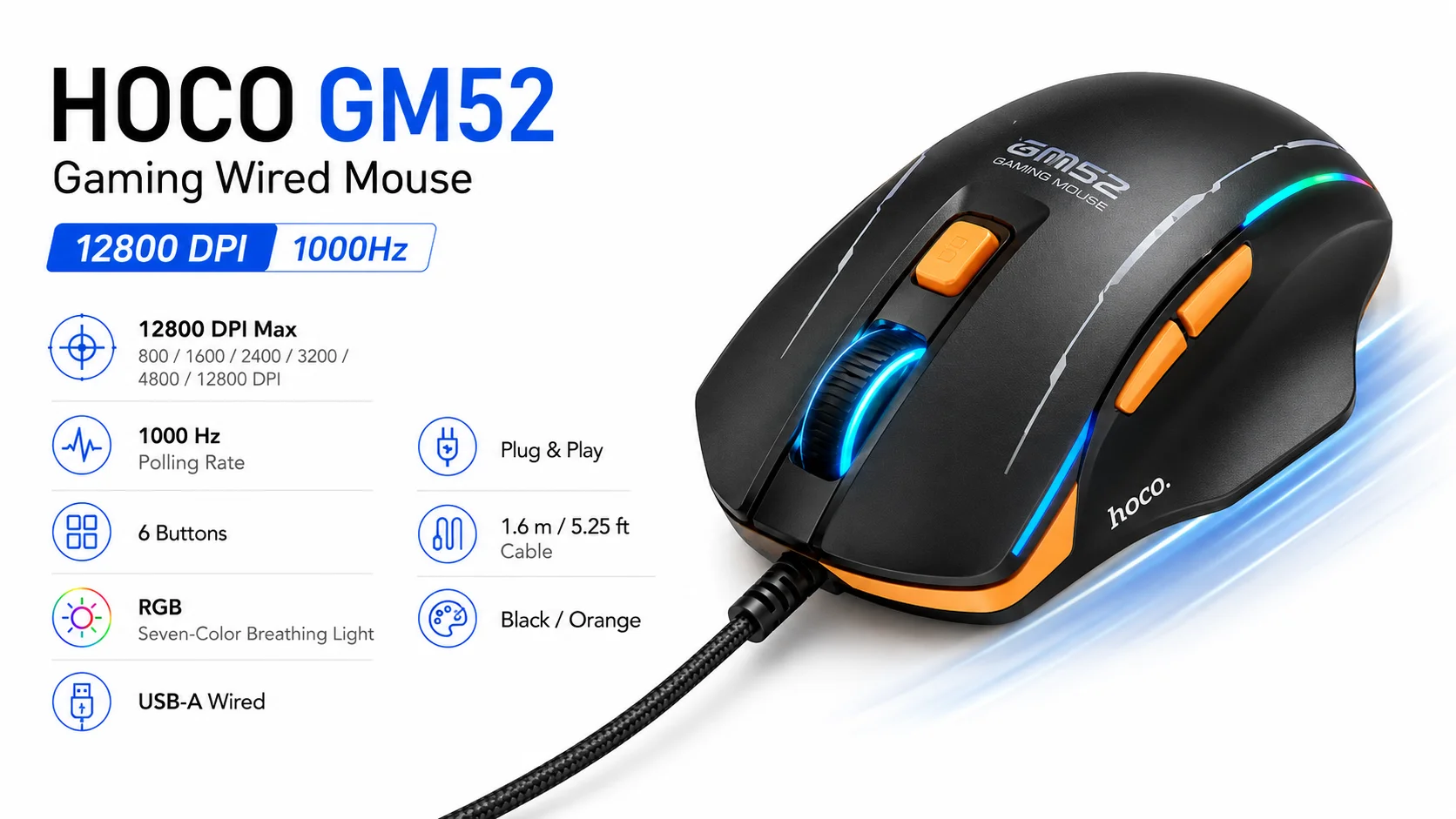 HOCO GM52 Wired Gaming Mouse 12800 DPI 1000Hz 6-Button Black/Orange - Thumbnail 8