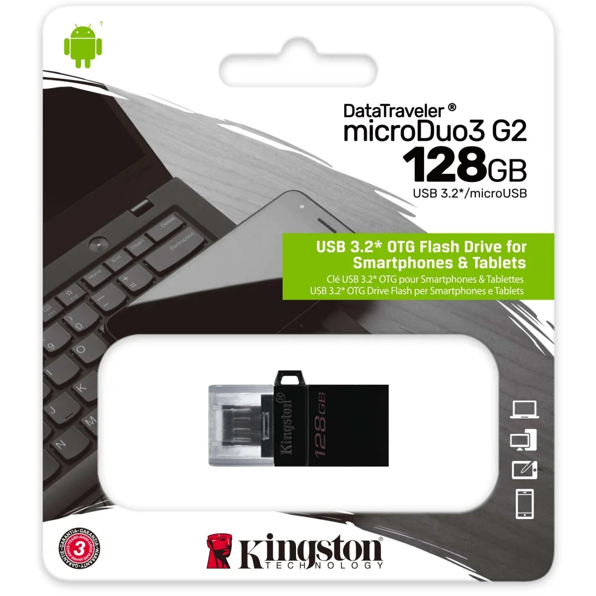 فلاش USB Kingston DataTraveler microDuo3 G2 سعة 128GB بمنفذ microUSB وUSB Type-A ودعم OTG