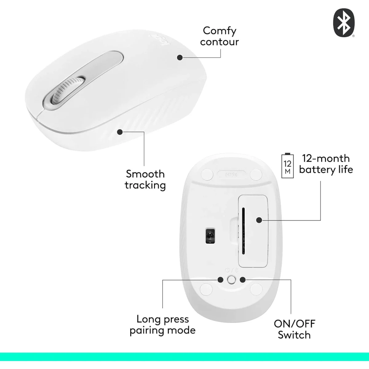 ماوس Logitech M196 لاسلكي بتقنية Bluetooth صغير الحجم - أوف وايت - Thumbnail 6