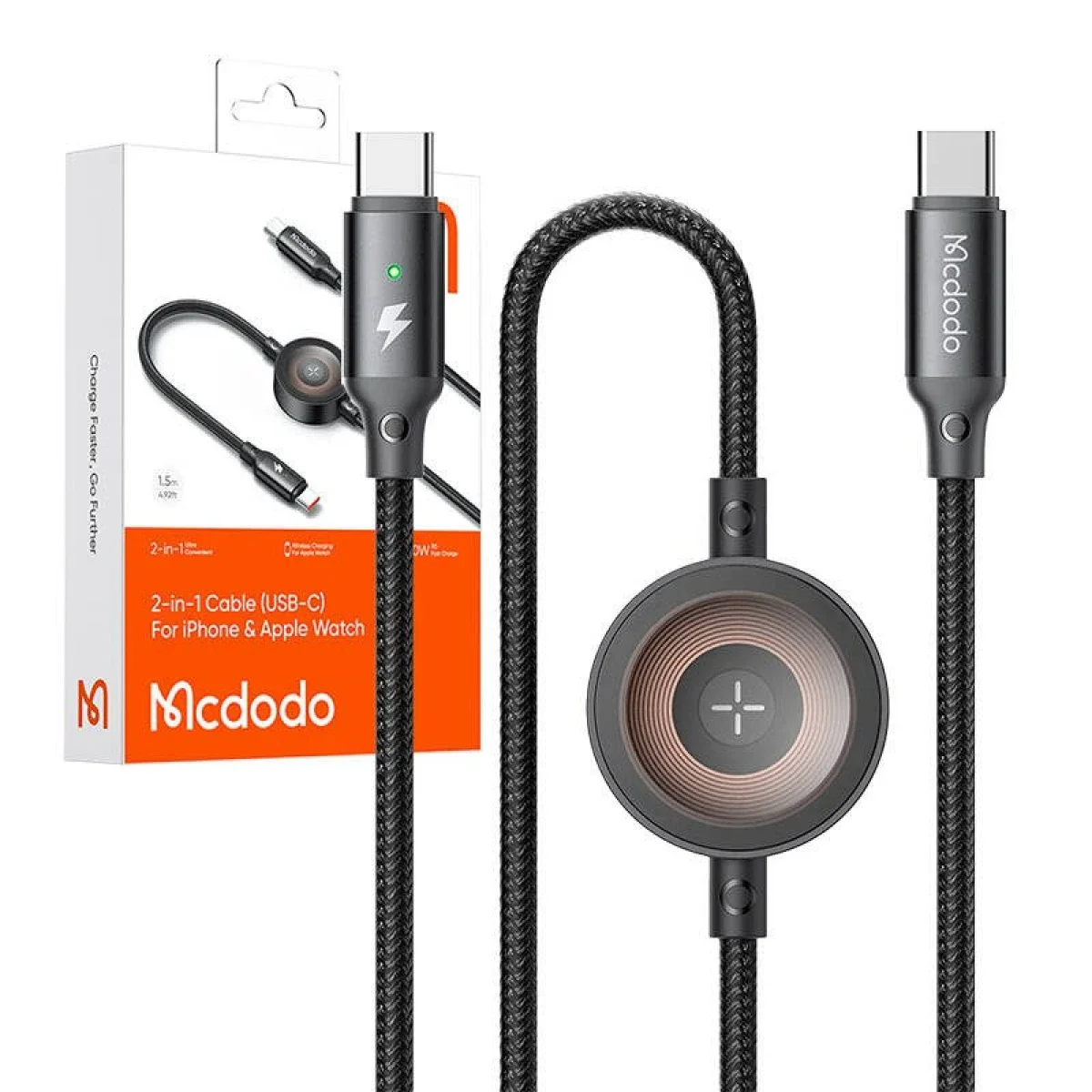 Mcdodo CA-2580 2-in-1 USB-C to USB-C Cable with Apple Watch Charger, 60W, 1.5m, Black - Thumbnail 4