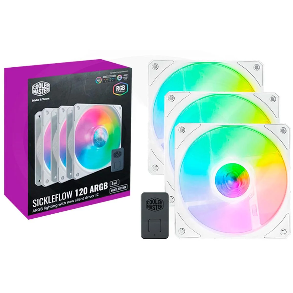 طقم مراوح تبريد Cooler Master SickleFlow 120 ARGB أبيض 3 في 1 مع وحدة تحكم - Image 2