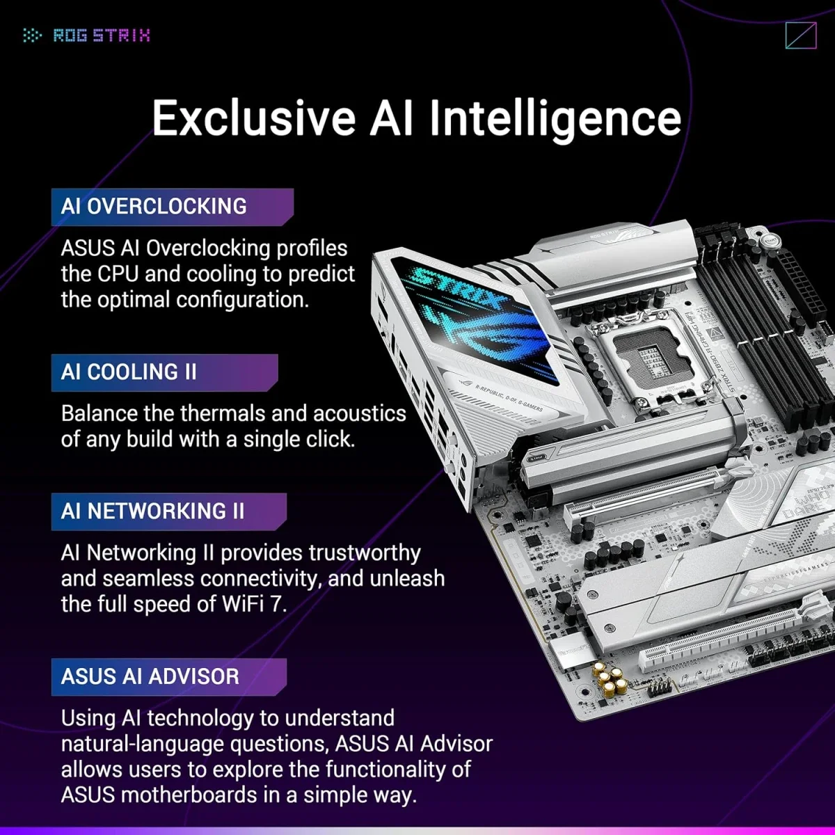 Asus ROG Strix Z890-A Gaming Wi-Fi ATX Motherboard, LGA 1851, Z890, 4x DDR5 Slots, Up to 192GB, Wi-Fi 7, Bluetooth 5.4, PCIe 5.0 x16, 5x M.2, White - Image 3