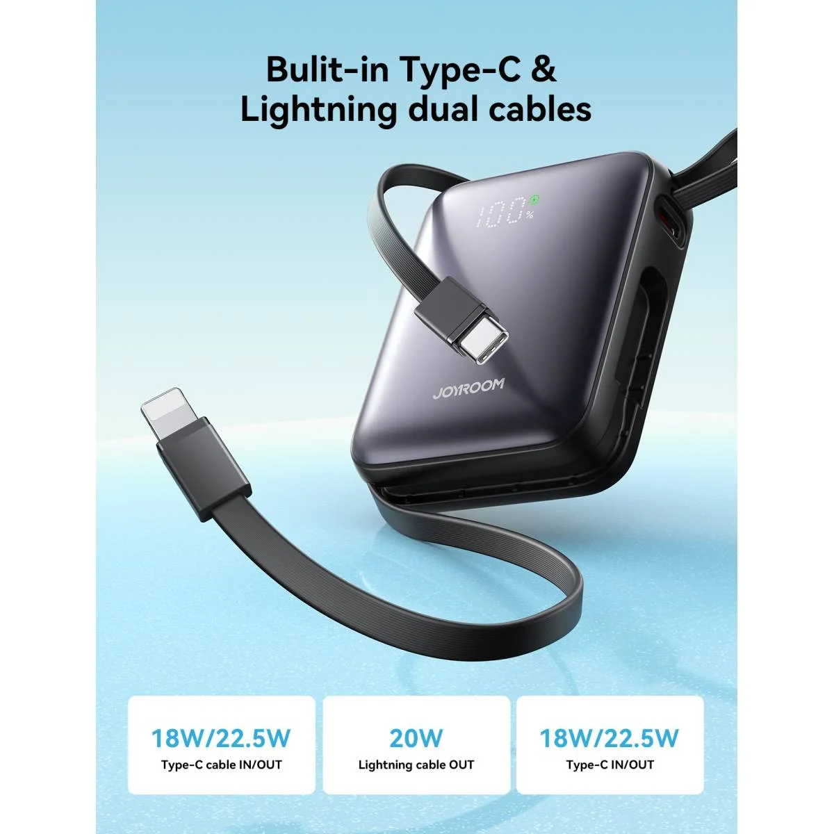JOYROOM JR-PBF27 10000mAh Mini Power Bank 22.5W with Built-In Type-C & Lightning Cables - Black - Thumbnail 3
