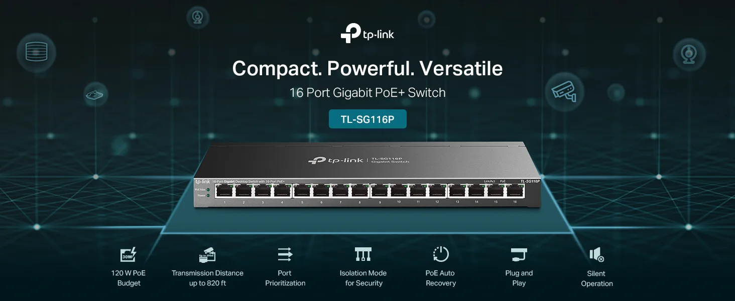 TP-LINK TL-SG116P 16-Port Gigabit PoE+ Switch with 120W Budget - Image 9