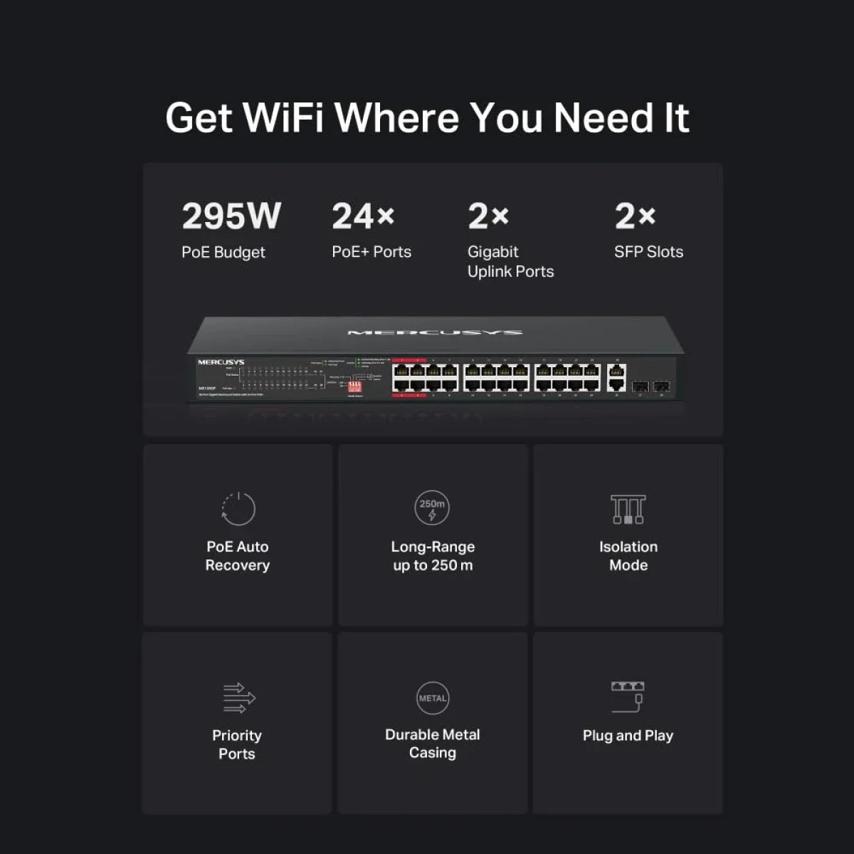 MERCUSYS MS128GP 28-Port Gigabit Rackmount Switch, 24-Port PoE+, 295W Budget, 2x Gigabit Uplink, 2x SFP, 802.3af/at, Isolation Mode, Plug & Play, Metal Case - Image 2