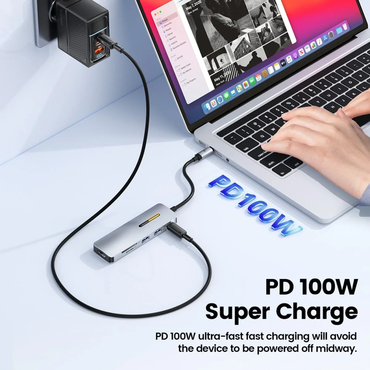 TOOCKI 6-in-1 USB-C Hub with 4K HDMI, USB 3.0, PD 100W, SD/TF Card Reader - Grey - Thumbnail 5
