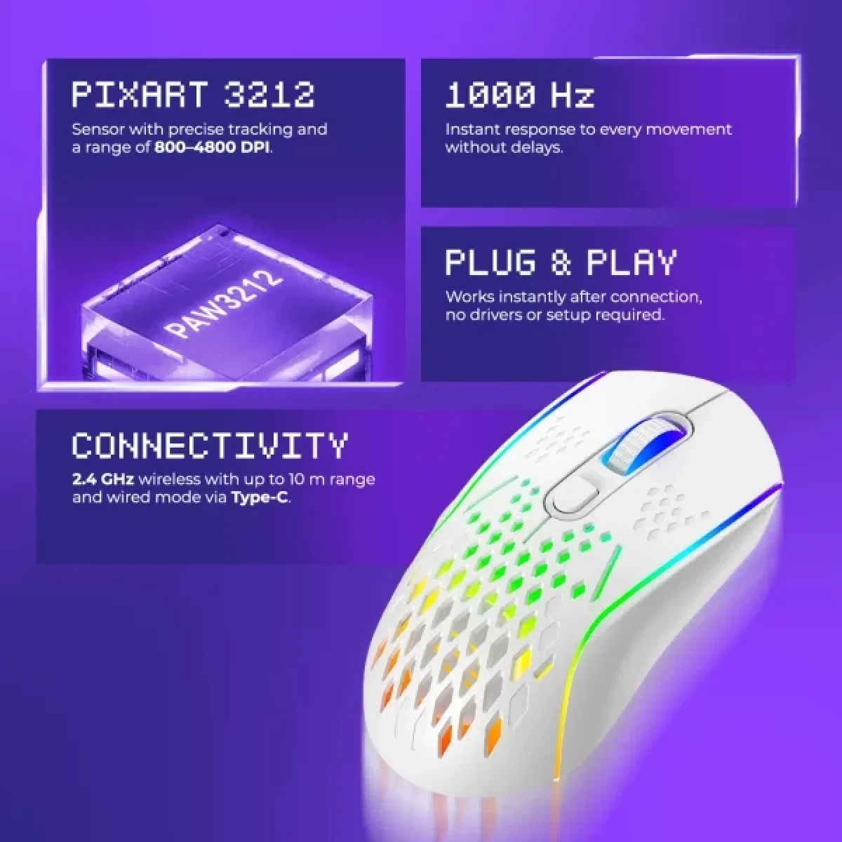 ماوس ألعاب لاسلكي Proove Gaming Buzz ثنائي الوضع 4800 DPI أسود WMBU00022401 - Thumbnail 7