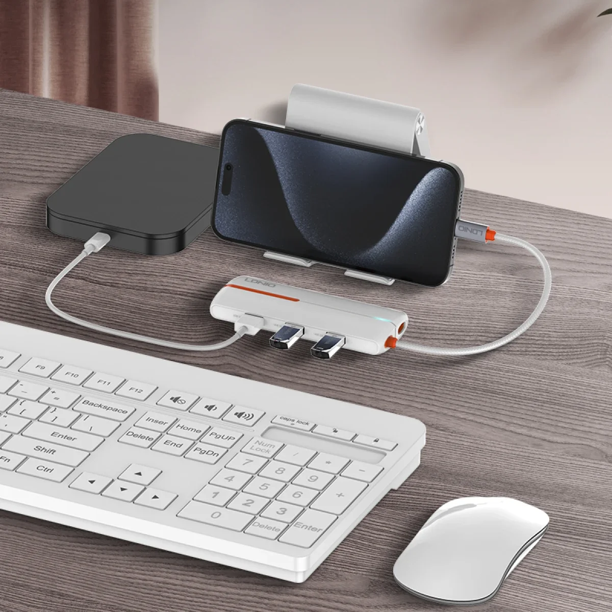 موزع USB-C إلى USB من LDNIO DS-26U 6 في 1 مع شحن PD ومنفذ RJ45 - أبيض - Image 3