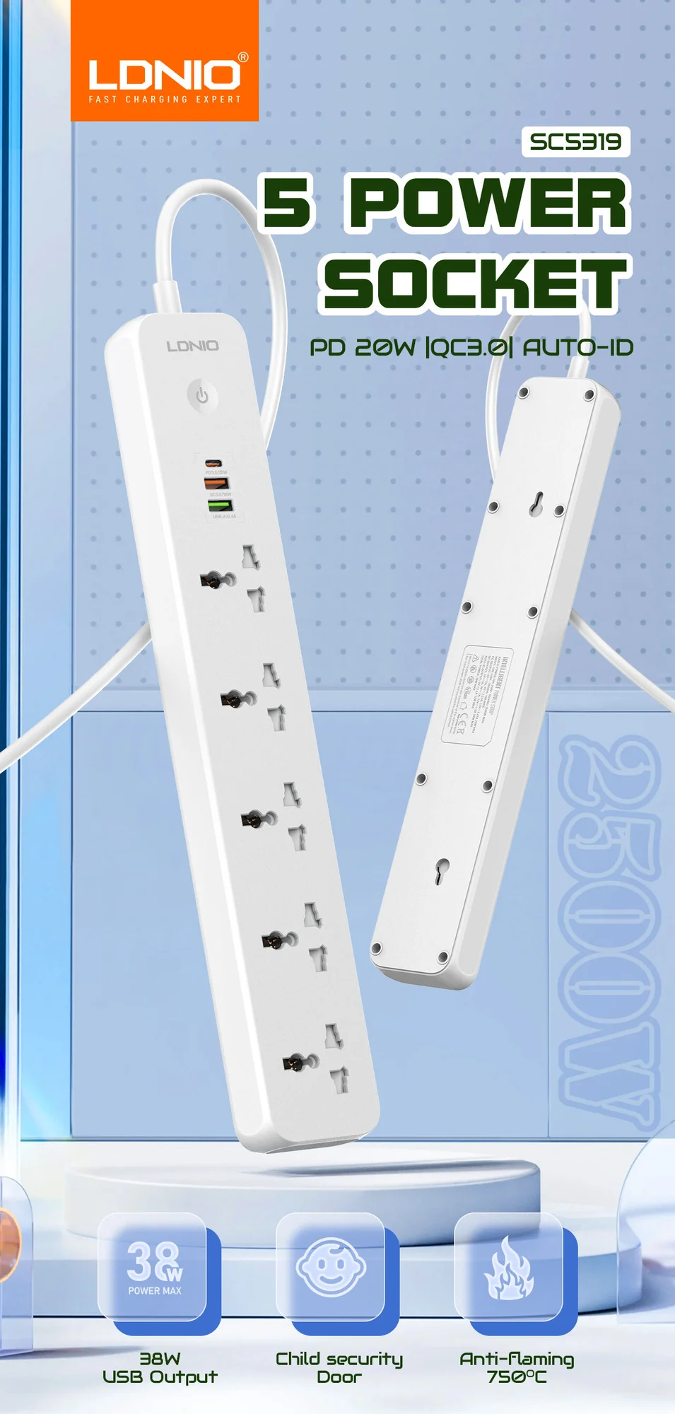 مشترك كهرباء LDNIO SC5319 مع 5 منافذ AC و3 منافذ USB وكابل 2 متر - Thumbnail 7