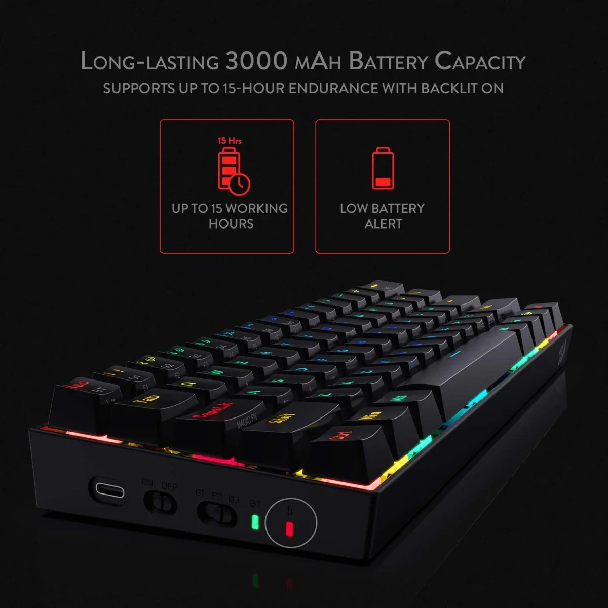Redragon K530 Pro Draconic 60% Wireless RGB Mechanical Gaming Keyboard, 61 Keys, Brown Switches, Black - Thumbnail 6