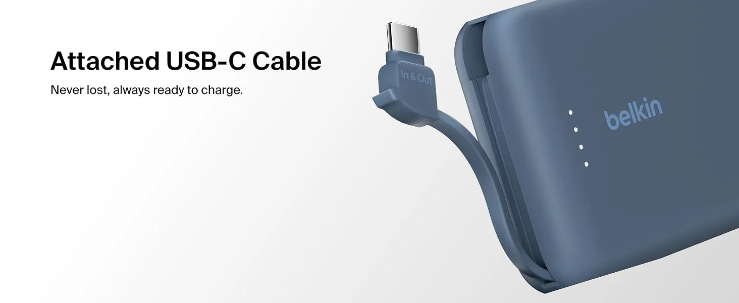 باور بانك Belkin BoostCharge بسعة 10000mAh مع كابل USB-C مدمج وشحن PD بقوة 20W - أزرق - Thumbnail 11
