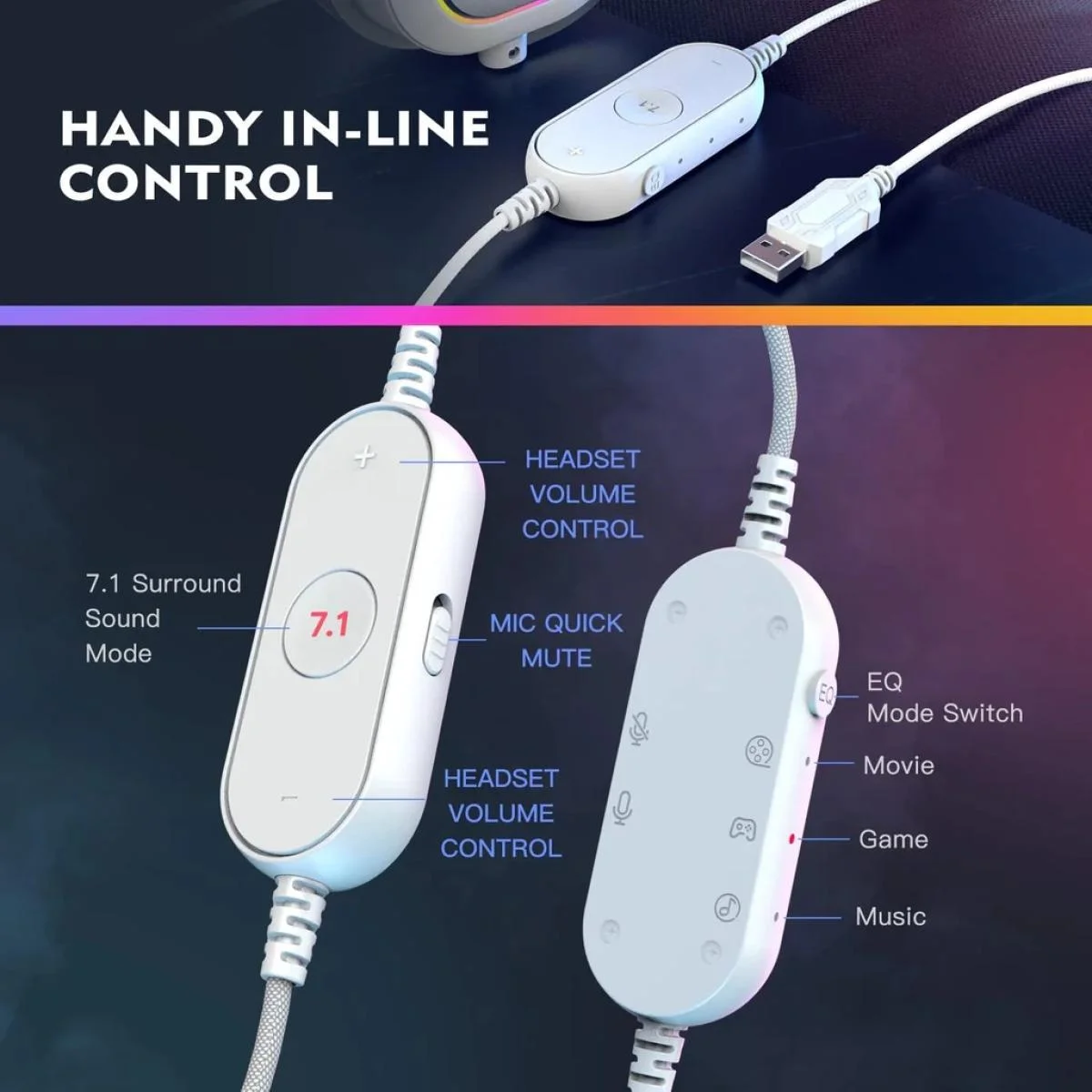 سماعة ألعاب FIFINE AmpliGame H6W USB بإضاءة RGB وصوت محيطي 7.1 - أبيض - Image 2