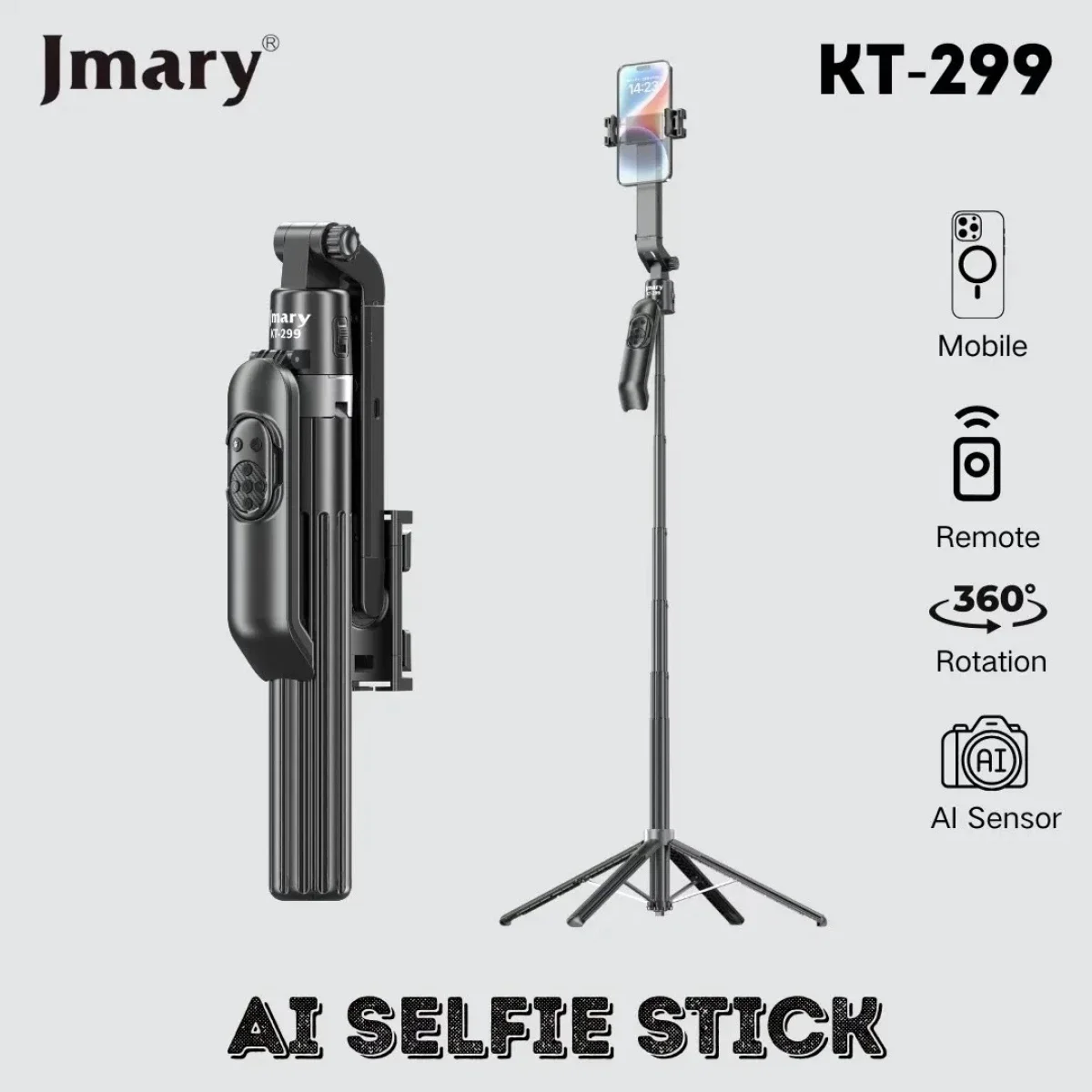 Jmary KT-299 AI Face Tracking Selfie Stick Tripod, 1.8m, 360° Pan, Black - Image 3
