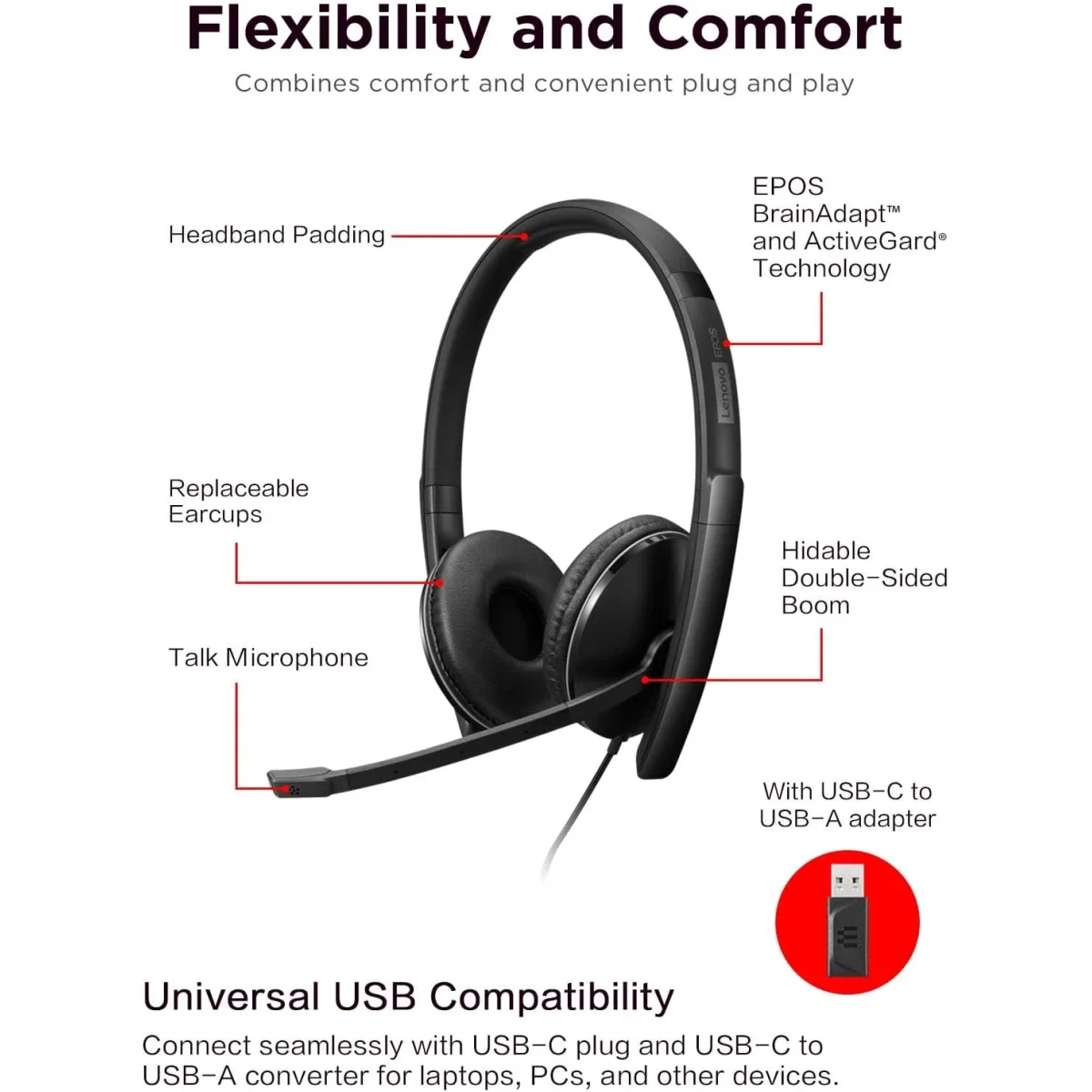 سماعة رأس أعمال سلكية Lenovo بإلغاء الضوضاء النشط ANC USB-C وUSB-A، معتمدة من Zoom، 145 غ - Thumbnail 6