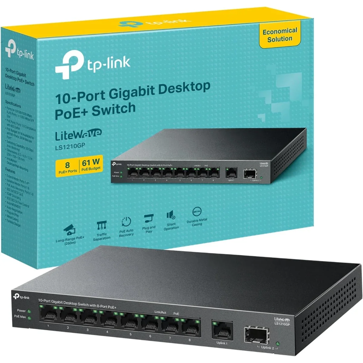 سويتش مكتبي TP-LINK LS1210GP جيجابت 10 منافذ مع PoE+ لـ8 منافذ، 9 منافذ RJ45 ومنفذ SFP واحد