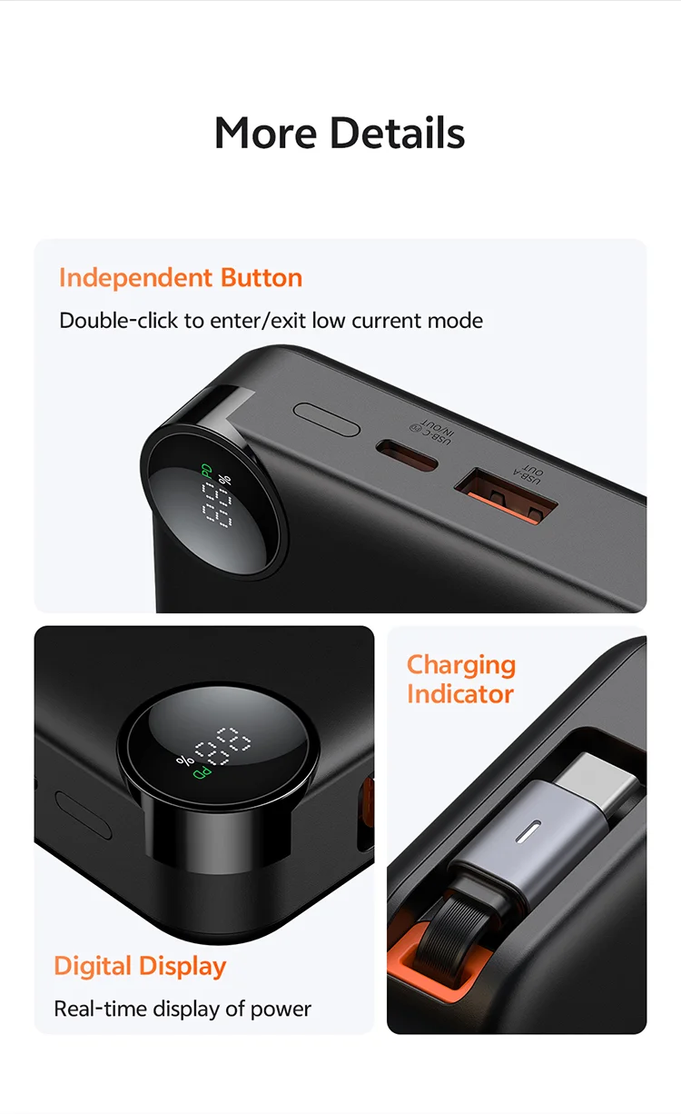 باور بانك Mcdodo MC-3870 بسعة 10000mAh وقدرة 30W مع كابل قابل للسحب وشاشة رقمية - أسود - Thumbnail 17